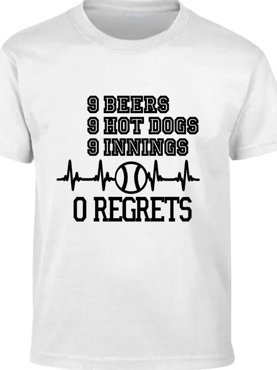 Sedg’s Sports & Collectibles Other - '9 Beers 9 Hot Dogs 9 Innings 0 Regrets' Baseball  T-Shirt